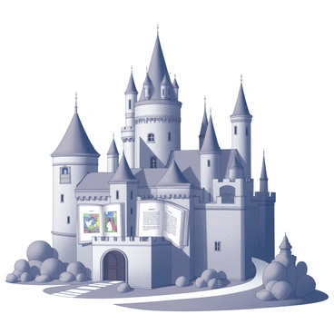 A large castle with tall, intricate towers and a grand main entrance. The walls are composed of open storybooks, with pages featuring various illustrations that depict vibrant tales and characters. Each window is framed by elaborate designs and features, reflecting the whimsy of a magical narrative. The castle is surrounded by lush gardens, with paths winding through detailed, illustrated landscapes.