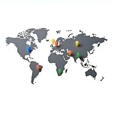 A world map displayed in a flat, two-dimensional perspective with clear geographical outlines. The map features various colored pins marking specific locations around the globe. Each pin represents a location known for its unique art styles, such as traditional Japanese ink painting in Japan, vibrant street art in Brazil, and classic Renaissance art in Italy. The map includes labels next to the pins, detailing the names of the art styles associated with each location. The overall design is vibrant and informative, showcasing a blend of cultures through art.