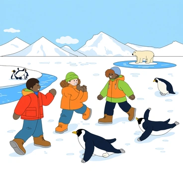 A group of four young explorers wearing colorful winter jackets, hats, and snow boots is trekking across a vast icy landscape. The explorers include a boy with dark hair, a girl with curly brown hair, a girl with straight blonde hair, and a boy with light brown hair. They are smiling and looking around in wonder. Surrounding them are playful penguins waddling on the snow, some sliding on their bellies. In the distance, a polar bear is standing on a small ice floe, observing the scene. The sky above is clear with a few fluffy clouds, and the icy ground glistens under the sunlight. Snowy mountains are visible on the horizon, creating a breathtaking backdrop.