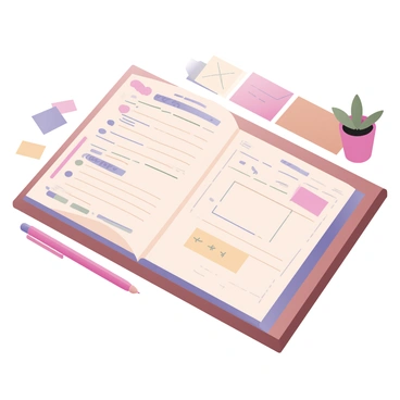 A digital flat illustration featuring an open budget planner notebook placed on a wooden table. The pages of the notebook are filled with "colorful doodles" and handwritten "notes" in various shades of blue, pink, and yellow. There are "sections for monthly expenses" and "savings goals" clearly marked. Next to the notebook, a bright pink pen is lying beside it. The background includes a few scattered "sticky notes" in different colors, and a small potted plant is visible in the corner of the scene.
