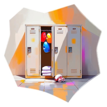 A row of vintage metal lockers in a boxing gym, their surfaces displaying signs of wear and rust, adding character to the scene. Each locker is slightly ajar, revealing glimpses of boxing gloves in various colors hanging inside. The gloves are accompanied by headgear and towels, creating a sense of an active training environment. The floor beneath the lockers is tiled, with some scuff marks hinting at frequent use. The lighting is warm, casting a soft glow that enhances the nostalgic atmosphere of the gym.