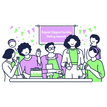 A diverse group of employees is gathered in a bright office space, celebrating the launch of an equal opportunity policy. In the center, a woman with curly hair is holding a document and smiling. She is flanked by a man with glasses, who is giving a thumbs up, and another woman with straight hair, who is clapping and showing enthusiasm. A banner in the background reads "Equal Opportunity Policy Launch" with decorative elements. Several employees are holding drinks and snacks, while a table nearby features a cake decorated with the words "Empower Together." The atmosphere conveys a sense of unity and excitement among the team.