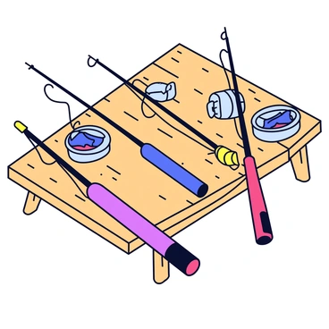 An organized collection of fishing gear displayed on a wooden table. The collection includes three fishing rods with vibrant colored handles. There are two fishing reels attached to the rods, showcasing their metallic components. Next to the rods, there are small containers holding various types of bait, including worms and artificial lures. The wooden table has a natural finish, with visible grain patterns adding texture to the scene.