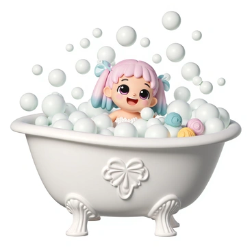A chibi anime girl with large expressive eyes and colorful hair is sitting in a luxurious bubble bath. She is surrounded by numerous bubbles that float around her, reflecting light in a shiny manner. The girl has a joyful expression on her face, with a small smile and rosy cheeks. She is wearing a cute, frilly bathing suit. The bath is set in a beautifully designed bathroom with intricate tiles and a large, elegant tub filled with fluffy white bubbles. Some bath accessories, like scented candles and colorful bath bombs, are placed around the edge of the tub.