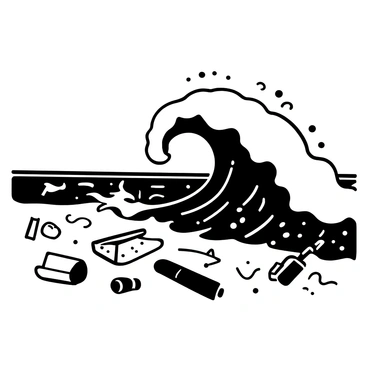 A large wave crashing onto the shore, with pieces of plastic waste visible within the frothy water. The shoreline is littered with various types of plastic debris, including bags, bottles, and straws, partially buried in the sand. The wave rises high, capturing dynamic movement as it crashes down, sending droplets of water into the air. The contrast between the natural force of the wave and the man-made waste creates a striking visual scene.