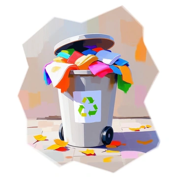 A public textile recycling bin filled to the brim with a vibrant assortment of colorful fabrics. The bin is made of sturdy metal and has clear signage indicating it is for textile recycling. Brightly colored textiles such as red, blue, green, and yellow fabrics spill out from the top, showcasing various patterns and textures. Some of the fabrics are neatly folded while others are crumpled, creating an eye-catching display of colors. Surrounding the bin, there is a paved walkway and a few scattered fallen leaves adding to the scene.
