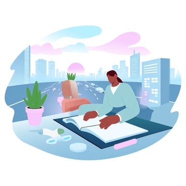 An artist is sitting on a rooftop, surrounded by various sketching materials. The artist is focused on a sketchbook, capturing the details of the bustling cityscape below. The city features tall buildings with glass facades, busy streets with moving cars, and pedestrians walking. In the distance, a vibrant sunset casts gradient pastel colors across the sky, blending softly into the city. A few potted plants are placed on the rooftop, adding a touch of greenery to the scene.