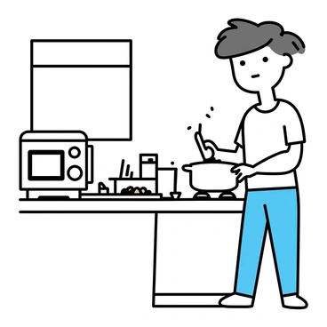 A student with short hair, wearing a casual t-shirt and jeans, stands in a small dorm kitchen. They are stirring a pot on a compact stove, which is on a countertop cluttered with a few basic cooking utensils. There is a cutting board beside them with chopped vegetables and an open can of beans. A microwave sits above the stove, and a small fridge is visible in the corner. A window lets in natural light, illuminating the simple meal being prepared.