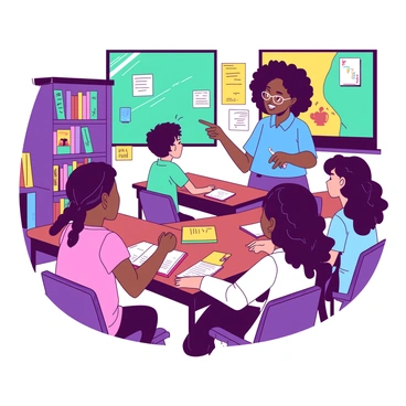 A group of students of various ethnic backgrounds, including a Black girl with braided hair, a Hispanic boy with glasses, and an Asian girl with short hair, are sitting at their desks in a colorful classroom. They are all facing the front, where a teacher is standing near a chalkboard. The teacher, with curly hair and wearing a blue shirt, is animatedly discussing a topic while pointing at the board. Brightly colored posters hang on the walls, and a bookshelf filled with books can be seen in the corner. The students have notebooks and pens in front of them, showing their engagement in the lesson.