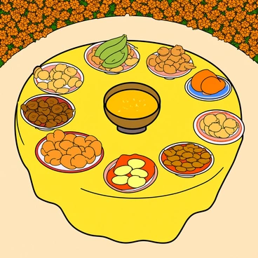 A vibrant round table covered with a bright yellow tablecloth, overflowing with an array of traditional foods and sweets for the haldi ceremony. The table is adorned with multiple bowls filled with colorful sweets such as "ladoo" in various shades of orange and yellow, and "barfi" with a glistening surface. There are platters of savory snacks, including samosas with a crispy golden exterior and puffed "kachoris" with spicy filling. Fresh fruits like bananas and mangoes are artistically arranged around the table. In the center, a large brass bowl filled with fresh yellow turmeric powder is prominently displayed. The background is filled with marigold flowers, enhancing the festive atmosphere.