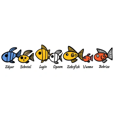 A collection of various zebrafish species displayed side by side, showing their distinct colors and patterns. Each zebrafish has a unique body shape and fin structure, with some having vibrant blue stripes and others showcasing yellow or orange spots. The background is simple to emphasize the zebrafish, with clear labels beneath each species indicating their names in elegant, bold lettering. The illustration highlights the differences in eye size and body length among the species, showcasing their biodiversity.