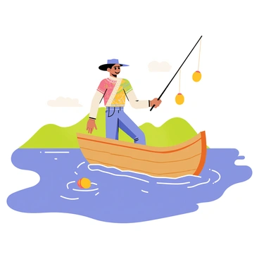 An illustration of a fisherman in traditional garb using a wooden boat