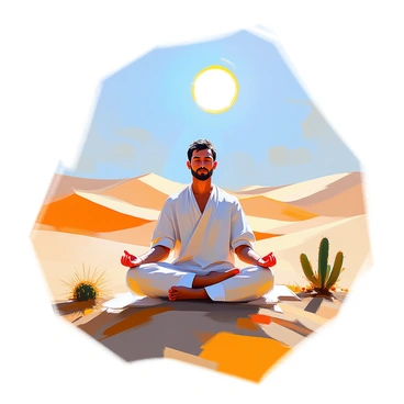 A man named Jonah with medium skin tone and short, dark hair is sitting cross-legged in meditation. He is wearing a loose-fitting, light-colored tunic. The desert scenery surrounds him, with vast stretches of golden sand dunes gently rolling in the background. A bright sun hangs overhead, casting distinct shadows on the ground. Sparse vegetation, such as small cacti and hardy shrubs, is scattered throughout the scene. The sky is a clear blue, emphasizing the expansive, tranquil atmosphere of the desert.