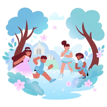 A group of children is dressed as various fairytale characters, including a princess in a colorful gown, a brave knight in shiny armor, and a whimsical fairy with delicate wings. They are playing among tall, lush trees with vibrant leaves, and flowers in assorted colors bloom at their feet. Sunlight filters through the branches, casting playful shadows on the forest floor. A sparkling stream winds through the scene, reflecting the bright colors around it. In the background, a small cottage peeks through the foliage, adding to the enchanted atmosphere.