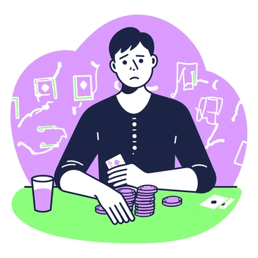 A player is sitting at a poker table, visibly disappointed after losing a hand. The player has short hair and is dressed in a fitted black shirt. The table is surrounded by other players, and there are various cards and chips in front of them. The player is gripping their cards tightly, with a furrowed brow, trying to maintain a composed expression. The background includes a dimly lit room with green felt on the table and a stack of purple poker chips in front of them. A glass of water sits at the edge of the table.