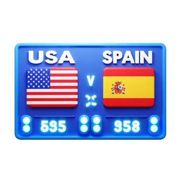 A scoreboard displaying scores of an international basketball match. The scoreboard shows the two competing teams, with one side featuring a "USA" flag and the other side featuring a "Spain" flag. The scores read "85" for USA and "78" for Spain. The design of the scoreboard includes bright lights and digital screens, highlighting the excitement of the game. Each flag is vividly colored, with detailed elements like stars and stripes for the USA flag and the red and yellow colors for the Spain flag.