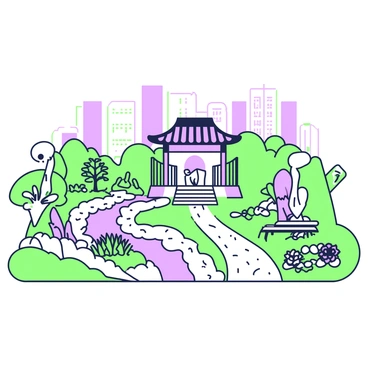 A modern urban garden is situated in a vibrant Korean city. The garden features a combination of traditional Korean architecture and contemporary design elements. In the center, there is a small pavilion with a curved roof, embellished with intricate patterns. Surrounding the pavilion, neatly arranged flower beds showcase various plants, and a path made of small stones winds through the garden. On one side, a water feature with a gentle stream flows, reflecting the greenery. Sculptures inspired by traditional art are displayed among the plants, while sleek, modern benches provide seating for visitors. A city skyline can be seen in the background, contrasting with the serene garden atmosphere.