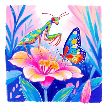 An orchid mantis is perched delicately on a large, vibrant flower. Its limbs are elongated, showcasing intricate patterns and hues of green and pink that mimic the petals of the flower. Nearby, a butterfly with bold, vivid wings flutters gracefully, featuring striking blues and oranges that contrast beautifully with the mantis. The two insects are positioned close together, both drawn to the flower's nectar, creating a harmonious interaction in this colorful scene. The background is filled with lush greenery, enhancing the vivid colors of both the mantis and the butterfly.