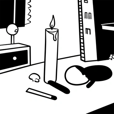 A "wishbone-shaped candle" is positioned upright on a wooden table. The candle is lit, creating a "warm glow" that illuminates the surrounding space. Shadows are cast on the table and nearby objects, enhancing the ambiance. There are a few scattered matchsticks beside the candle. The candle's wax drips slightly down the sides, adding texture to its surface.