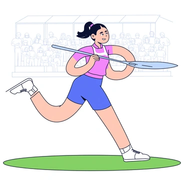 A powerful female javelin thrower is positioned on a grassy field, with her legs staggered for balance. She has a determined expression on her face. Her right arm is extended back, gripping a sleek javelin. She is wearing a form-fitting athletic uniform with bold colors and her hair is pulled back in a ponytail. The background features a blurred crowd, illustrating the competitive atmosphere of the event.