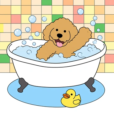 A fluffy goldendoodle with curly fur, primarily golden in color, is energetically splashing around in a white bathtub filled with large, round bubbles. The dog's ears are flopping as it playfully shakes its head, causing more bubbles to pop around it. The bathtub is placed against a colorful tiled wall, and the floor is covered with a soft, blue mat. A rubber duck floats nearby in the water. The goldendoodle has a joyful expression, with its mouth open and tongue out, enjoying the bubbly bath time.