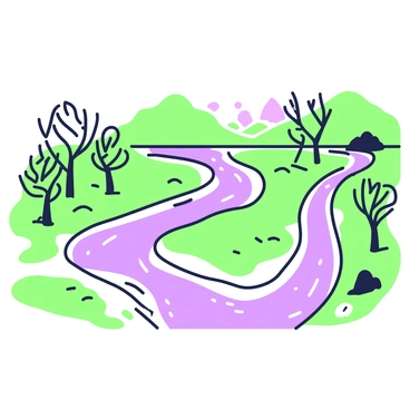 A river that loops in on itself is depicted in a vibrant landscape. The river has shimmering water that reflects the surrounding scenery. It twists and turns, creating an impossible waterway as it flows back towards itself. Along the banks, there are patches of green grass and clusters of trees with intricate branches. In the distance, hills rise gently against the sky, while a few rocks protrude from the water's surface. The scene captures the fascinating geometry of the river's course perfectly.