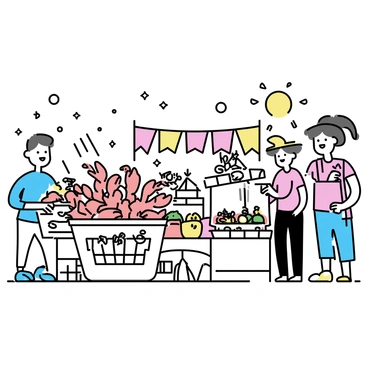 A lively market scene with various vendors. One vendor is showcasing fresh crawfish in a large, woven basket, surrounded by colorful banners. Nearby, another vendor is selling vibrant vegetables, including bell peppers and tomatoes. Customers, including a man wearing a blue shirt and a woman in a sun hat, are browsing the stalls. The ground is covered with wooden planks, and small tables are set up displaying different seafood items. Bright sun shines down on the bustling atmosphere filled with people interacting.