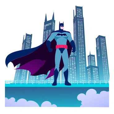 A tall figure in a dark, sleek Batman costume stands resolutely on a bridge. His cape billows dramatically in the wind, contrasting against the towering skyscrapers of Gotham City behind him. The city lights twinkle in a spectrum of colors, illuminating the nighttime scene. The bridge has intricate designs, and the shadows cast by the figure create a sense of mystery. The atmosphere is charged, with a faint mist rising around the figure, enhancing the dramatic effect of the skyline in the background.