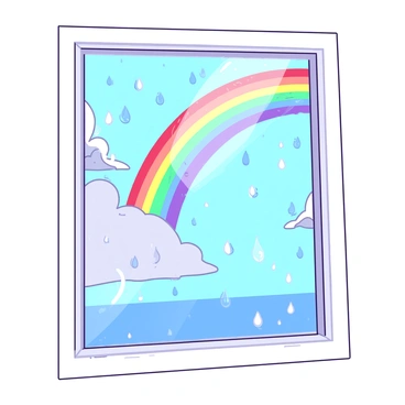 A white window pane is covered with numerous raindrops, creating a blurred effect. Each raindrop splatters against the glass, showcasing the dynamic movement of water. Outside the window, a vibrant rainbow arcs across a backdrop of blue sky, contrasting beautifully with the gray clouds. The colors of the rainbow appear vivid and distinct, casting a colorful glow on the window's surface.