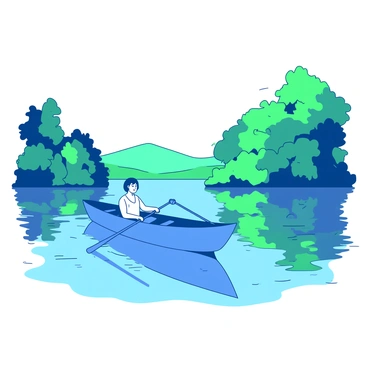 A blue small boat is gently gliding across a calm lake. Inside the boat, there is a figure named Martine, who is focused on rowing with smooth strokes. The lake is bordered by vibrant green trees and dense foliage, their reflections shimmering on the water's surface. Sunlight filters through the leaves, creating dappled light patterns on the boat and water. In the distance, gentle hills can be seen, adding depth to the serene landscape.