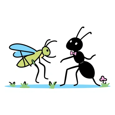 An ant with black and shiny exoskeleton and small antennae is standing on its hind legs. It is wearing a tiny red bowtie. A grasshopper with long green legs and delicate wings is leaping beside the ant, displaying its vibrant body. The two are positioned in a sunny clearing, surrounded by soft green grass and small wildflowers. The ant and grasshopper are in a dynamic pose, appearing to be mid-dance, with their limbs extended and bodies tilted towards each other. The ground is dotted with patches of sunlight filtering through nearby trees.
