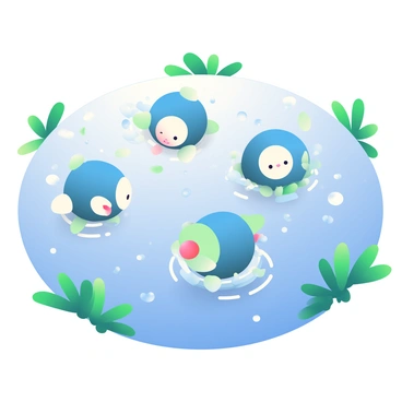A group of Water Pikmin with blue bodies and large, bulbous heads is swimming gracefully in a shimmering pond. The pond's surface reflects sunlight, creating a sparkling effect all around. Some Pikmin are playfully splashing water as they glide, while others are diving beneath the surface. Lush green aquatic plants surround the pond, adding depth to the scene. Tiny ripples form around the Pikmin as they move, enhancing the sense of motion in the tranquil water.