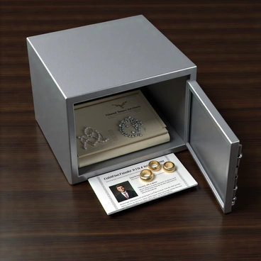An open safe deposit box with a metallic exterior, displaying a slightly ajar door. Inside, there is an assortment of jewelry, including a sparkling diamond necklace, a pair of elegant pearl earrings, and several gold rings with intricate designs. Next to the jewelry, there are a few important-looking documents neatly arranged, including a certificate and a family photo. The box is situated on a dark wooden surface, enhancing the contrast with the shiny contents inside.