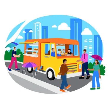 A modern bakery truck with a bright and colorful exterior is parked on a busy city street. The truck features large glass windows displaying an array of freshly baked goods, including pastries, cookies, and cakes. Surrounding the truck are tall skyscrapers, their glass facades reflecting the sunlight. People are walking by, some stopping to admire the treats, while others are engaged in conversation. A few colorful umbrellas provide shade for a small outdoor seating area beside the truck.