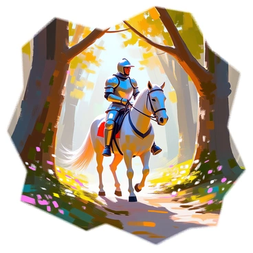 A knight in shining armor rides a magnificent horse through a dense, enchanted forest. The knight has a determined expression, gripping the reins firmly as he navigates the winding forest path. Sunlight filters through the thick canopy of leaves, creating dappled patterns on the ground. Towering trees with gnarled branches surround him, their trunks covered in vibrant green moss. Delicate flowers bloom on the forest floor, adding splashes of color amidst the rich browns and greens. The air is filled with the sounds of rustling leaves and distant birdsong, enhancing the mystical atmosphere of the scene.