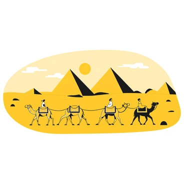 A line of camels walking steadily across the sandy desert landscape. Each camel has a saddle and is guided by a person dressed in traditional clothing. The sun casts long shadows on the dunes. In the distance, the silhouettes of pyramids rise against the horizon, their triangular shapes clearly defined against the sky. The scene captures the vastness of the desert and the sense of journey undertaken by the caravan.