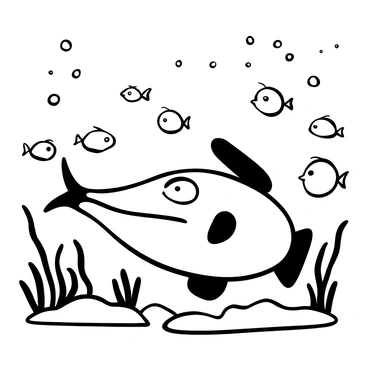 An anglerfish with a prominent lure and elongated body is positioned at the center of the image. It is surrounded by a shoal of small, curious fish that are swimming around it. The small fish have various shapes and sizes, creating an engaging dynamic around the anglerfish. The underwater scene includes elements such as seaweed and bubbles rising to the surface, enhancing the oceanic environment. The entire composition is rendered in black and white, highlighting the contrast between the anglerfish and the smaller fish.