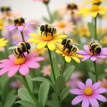 A close-up scene depicting several bees with distinct black and yellow stripes busily moving from one flower to another. The flowers are vibrant, featuring various colors such as pink, yellow, and purple, with delicate petals and green leaves. The bees are shown in different positions, some hovering in the air while others land on the petals, collecting pollen. The background contains a soft blur of additional flowers and greenery, emphasizing the bees' activity in a lively garden setting.