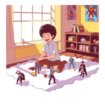 A young Mr. Sakamoto is sitting on a white plush carpet in a sunlit room. He is surrounded by various toy action figures, which are posed in dynamic stances. The light streaming through a nearby window creates a warm atmosphere, highlighting the expressions of excitement on his face as he interacts with the figures. Brightly colored posters of superheroes adorn the walls, and a small wooden shelf in the background holds more toys and books. The sun casts playful shadows around the room, enhancing the sense of playfulness and joy.