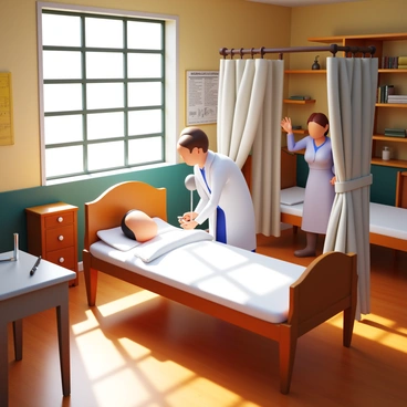 A 19th-century hospital scene showing a patient in a hospital bed receiving treatment for tuberculosis. The patient, a man, is lying on white linens, with a doctor in period-appropriate attire examining him. The room has large windows with sunlight streaming in, casting shadows on the wooden floor. There are vintage medical instruments on a nearby table. In the background, a nurse is adjusting the curtains around another bed. The walls are decorated with old medical charts and wooden shelves filled with medical books.