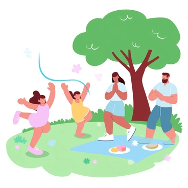 A family is gathered in a backyard on a sunny day. Two children are jumping rope, displaying energetic movements, while their parents stand nearby, clapping and cheering them on. The parents are dressed in casual clothes, with the mother wearing a bright sundress and the father in a short-sleeve shirt and shorts. Lush green grass covers the ground, and colorful flowers are blooming in the background. A large tree provides shade in the area, and a picnic blanket with snacks is spread out nearby.