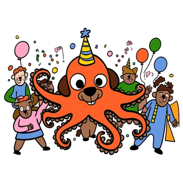 A silly dog dressed in an octopus costume at a costume party.