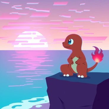 A small Charmander with orange scales and a fiery tail is sitting on a rocky cliff. Its large, expressive eyes are fixed on the horizon, where the sun is setting over a vast ocean. The sky is filled with streaks of pink, orange, and purple, reflecting the vibrant colors of the sunset. The waves below are gently lapping against the shore, and the light from the setting sun casts a warm glow on Charmander's face, highlighting its features. The scene is serene, capturing the moment of wonder as it gazes out at the beauty of nature.