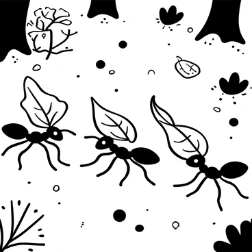 A line of ants moving in unison along the forest floor, each ant carrying a leaf that is almost as large as its body. The ants are distinct in size and shape, showcasing their segmented bodies and antennae. Surrounding them, various textures of soil, small pebbles, and twigs create a detailed ground environment. Sparse greenery and scattered fallen leaves provide additional context to the forest setting. Sunlight filters through the trees, casting intricate shadows over the scene.