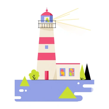 A lighthouse standing tall by a river, featuring a white and red striped exterior. The gallery windows are large and showcase various colorful art displays within. Beams of light emanate from the lighthouse, casting bright highlights on the artwork. The river is visible in the foreground, reflecting the light and the structure of the lighthouse. Surrounding the gallery are a few green trees and a clear blue sky overhead.