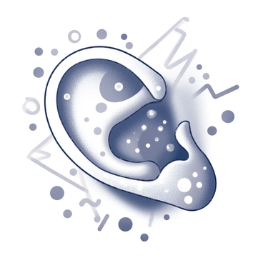 A close-up view of an ear prominently featured in the center of the image. The ear is adorned with various fun patterns such as swirls, polka dots, and zigzags. These patterns create a lively texture across the surface of the ear. The surrounding area is filled with abstract shapes and lines, enhancing the playful nature of the composition. The overall design is intricate, showcasing the ear as the focal point with its unique decorative elements.