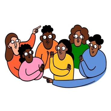 A series of diverse individuals forming a circle, each pointing at the person next to them. In the foreground, a light-skinned woman with big eyes and shoulder-length brown hair is pointing excitedly at a dark-skinned man with big eyes and short curly hair. Next to him, a woman of Asian descent with big eyes and long black hair is smiling and pointing at a Hispanic man with big eyes and wavy hair. Each person is wearing colorful clothing, contributing to a cheerful and engaging atmosphere. The expressions on their faces show joy and enthusiasm as they interact with one another in this circular formation.