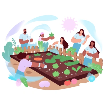 A diverse group of people is actively tending to a community vegetable garden. There are individuals of various ethnicities, including a woman with curly hair planting seeds in a row of soil. Nearby, a man with short hair is using a watering can to nourish the plants. In the background, another person with long braids is weeding a patch of carrots, while a person with a baseball cap is harvesting ripe tomatoes. Colorful vegetable plants such as lettuce, cucumbers, and bell peppers are visible throughout the garden, surrounded by a wooden fence. A bright sun shines down, casting soft shadows on the ground.
