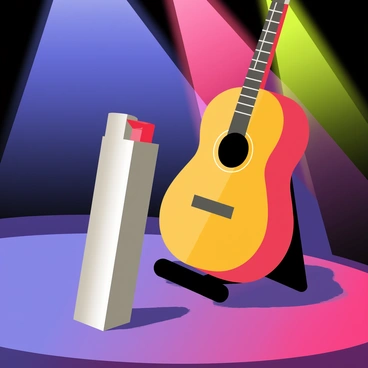 A shiny silver lighter is positioned next to an acoustic guitar on a stage. The guitar has a polished wooden finish and is resting on a black stand. Colorful lights in hues of blue, pink, and green illuminate the scene, casting vibrant glows across the stage. Shadows dance around the lighter and guitar, highlighting their details against the backdrop of the lively atmosphere.