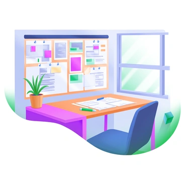A modern pastel illustration of a creative workspace filled with various elements. There is a large wooden desk covered with "sketches" and "prints" scattered across it. On the wall, several "inspiration boards" display colorful images and notes pinned with thumbtacks. A potted plant sits on the corner of the desk, adding a touch of greenery to the scene. A comfortable chair is placed beside the desk, and natural light streams in through a nearby window, illuminating the workspace.